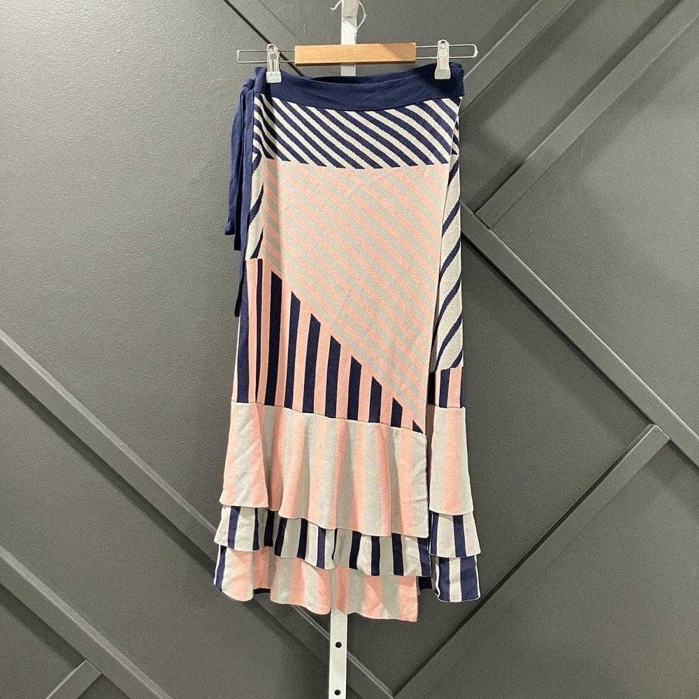 TabulaRasa Striped Wrap Midi Skirt Sz XS Pink Blue White Ruffle Knit Stretch Tie